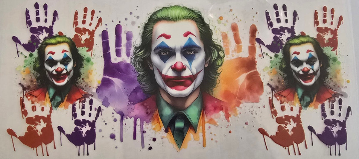 Joker wrap with colorful handprint artwork.