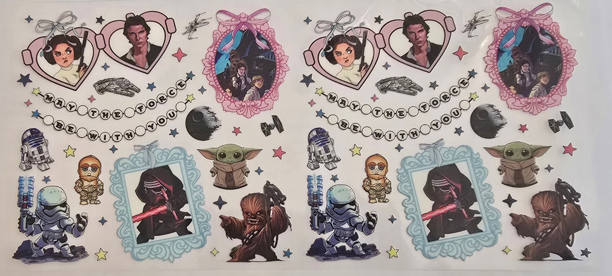 Star Wars character wrap design with Princess Leia, Han Solo, R2-D2, Grogu, Chewbacca, and other characters.