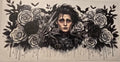 Edward Scissorhands surrounded by roses, bats, and a doll