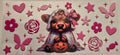 Pink Highland cow ghost holding a Halloween pumpkin