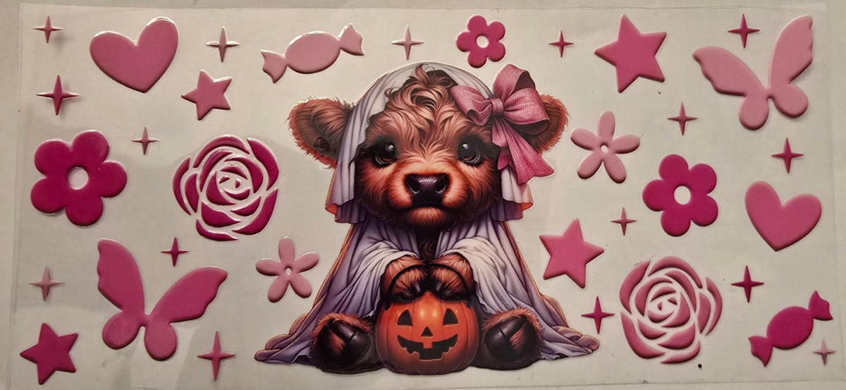 Pink Highland cow ghost holding a Halloween pumpkin