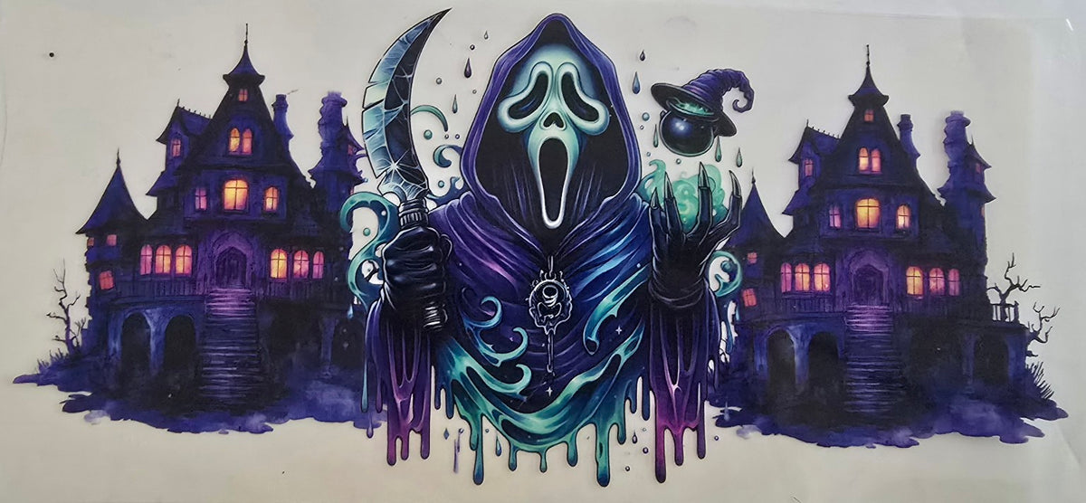 Ghostface in a purple haunted house Halloween wrap