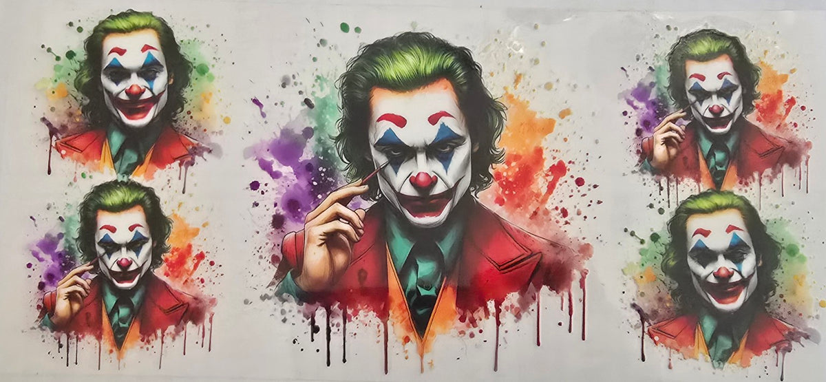 Joker wrap with multiple portraits in watercolor splashes.