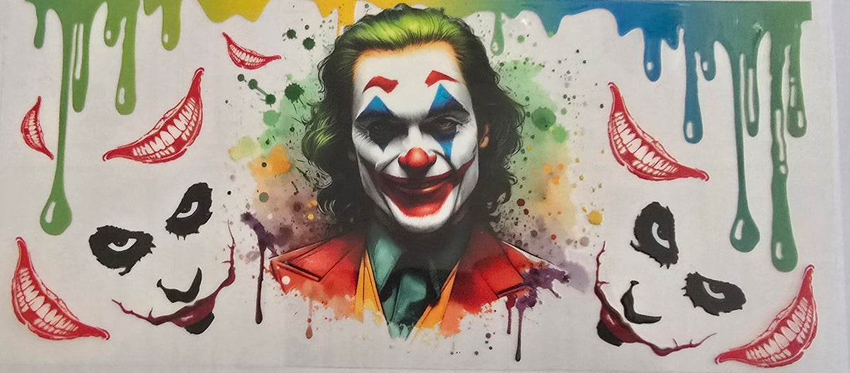 Joker wrap with dripping paint and smiling faces.