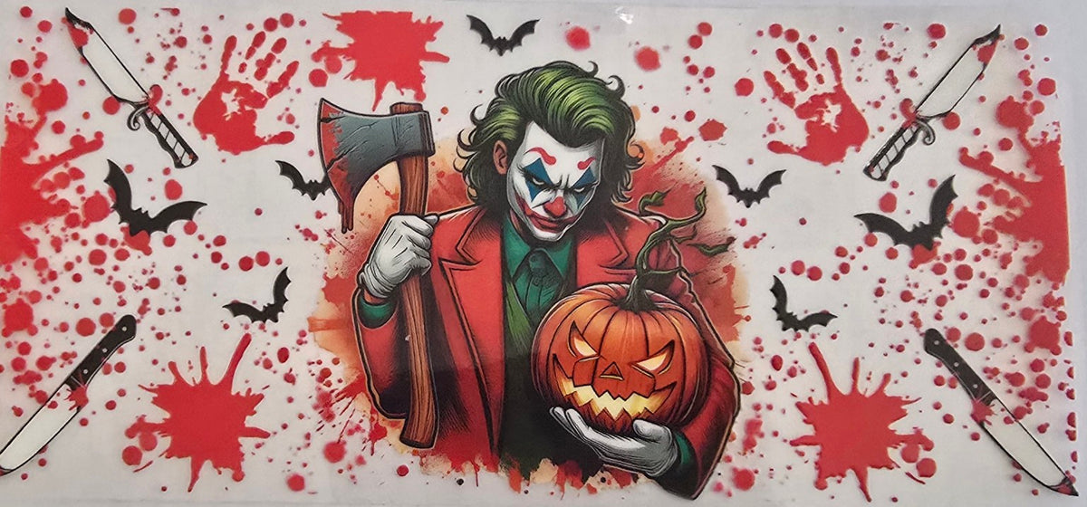 Halloween Joker wrap with pumpkin, bats, and knives.