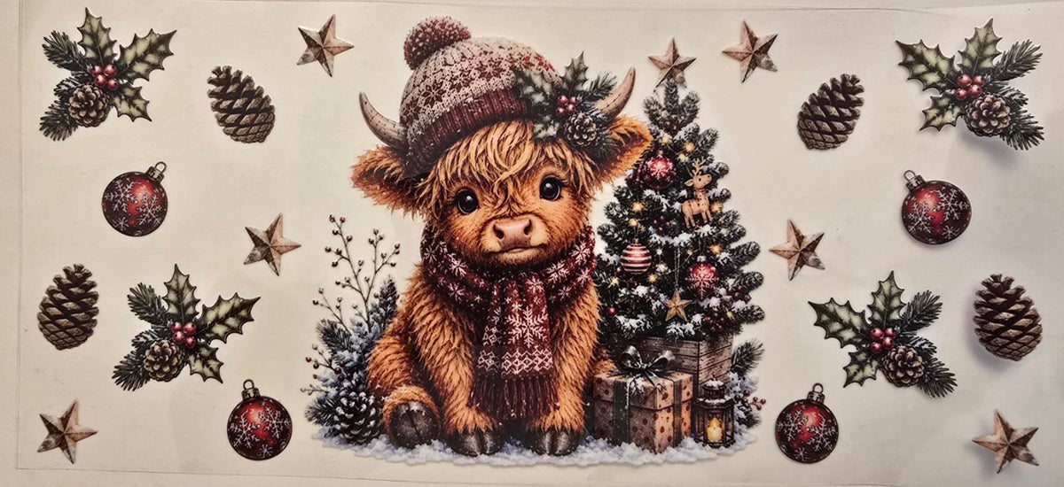 Winter Highland Calf with Christmas Tree Wrap