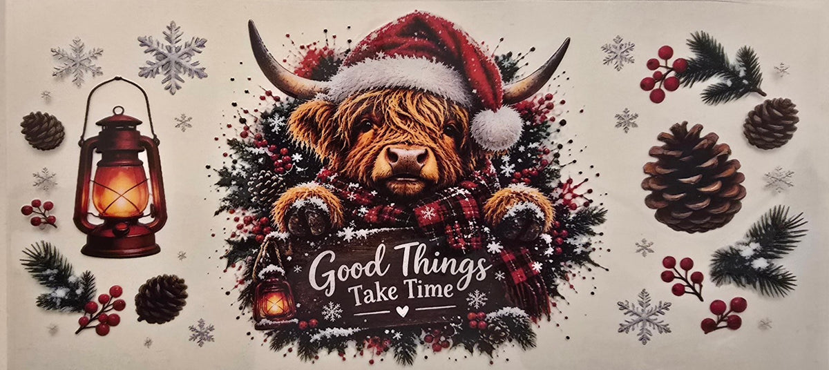 Good Things Take Time Highland Cow Christmas Wrap