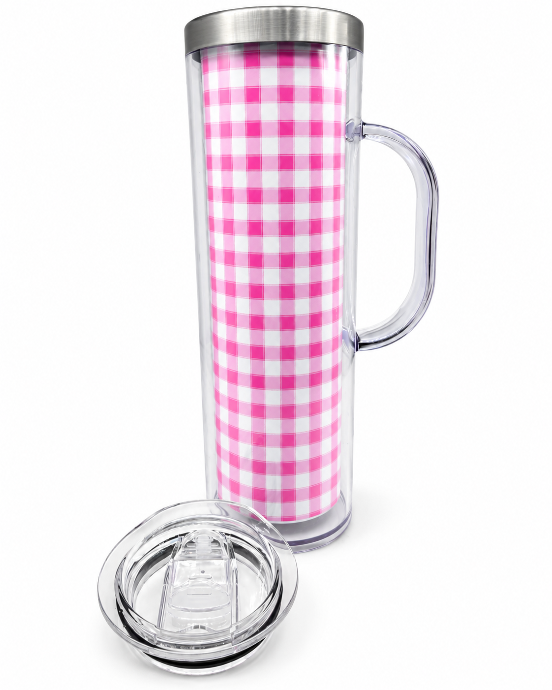 20oz Pink Plaid Stainless Steel Snowglobe Tumbler with Handle