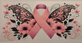 Pink breast cancer awareness ribbon with butterfly wings and flowers