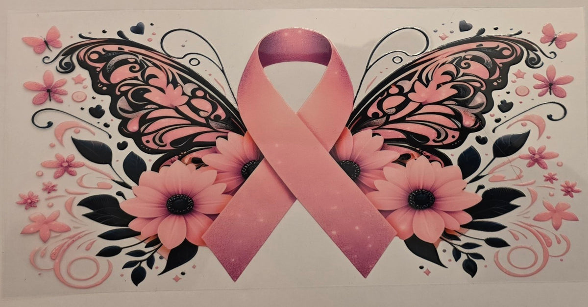 Pink breast cancer awareness ribbon with butterfly wings and flowers