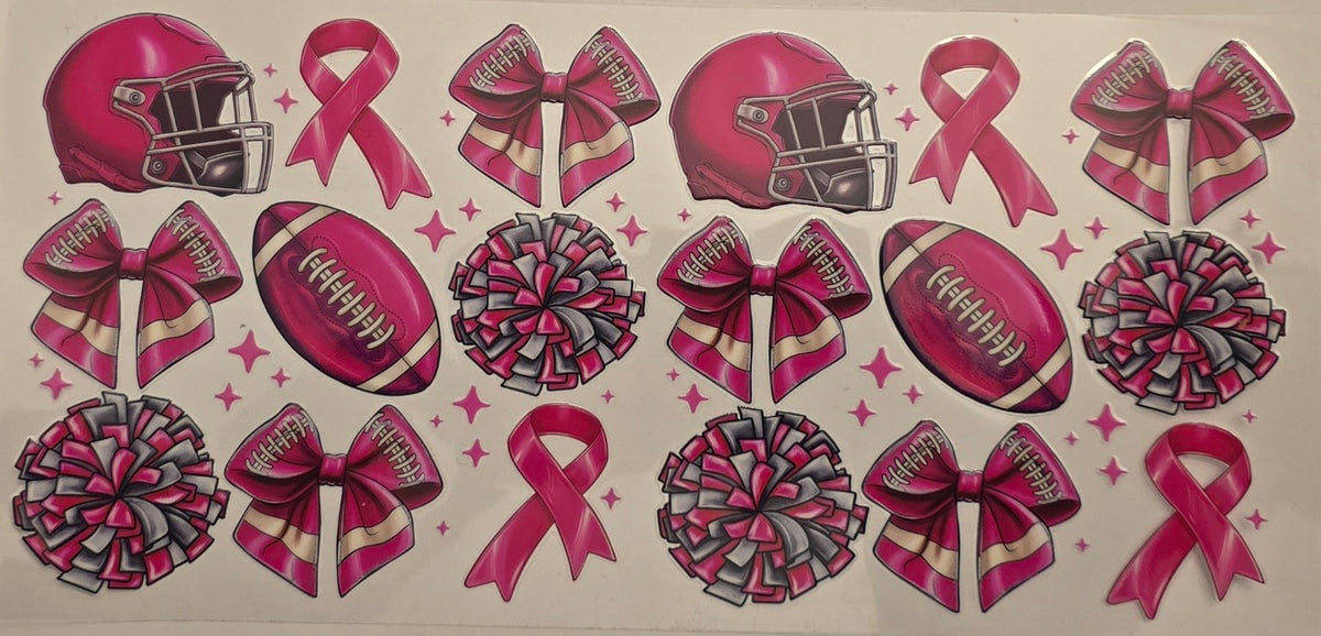 Pink football helmet, ribbons, footballs and bows for breast cancer awareness