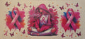 Pink hooded woman with breast cancer ribbons and butterflies