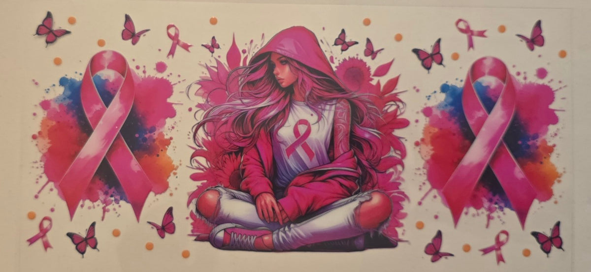 Pink hooded woman with breast cancer ribbons and butterflies
