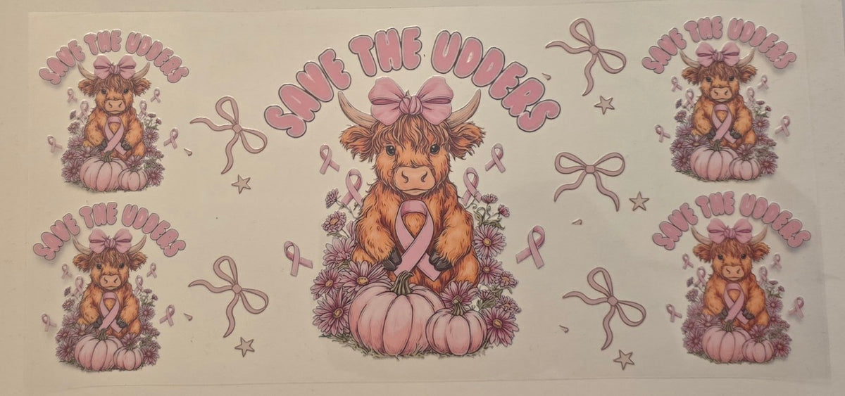 Save the Udders Highland cow with pink ribbons and pumpkins