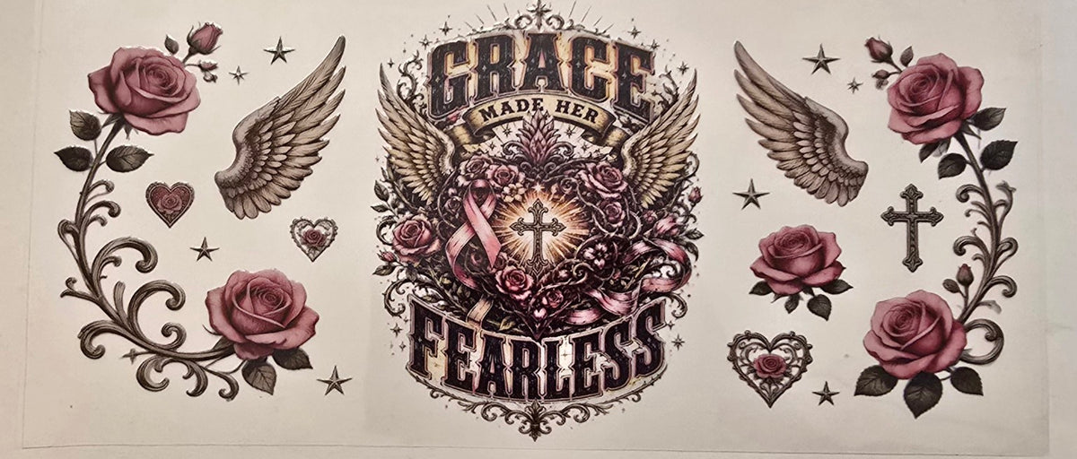 Grace Made Her Fearless with pink ribbon, roses, wings and cross