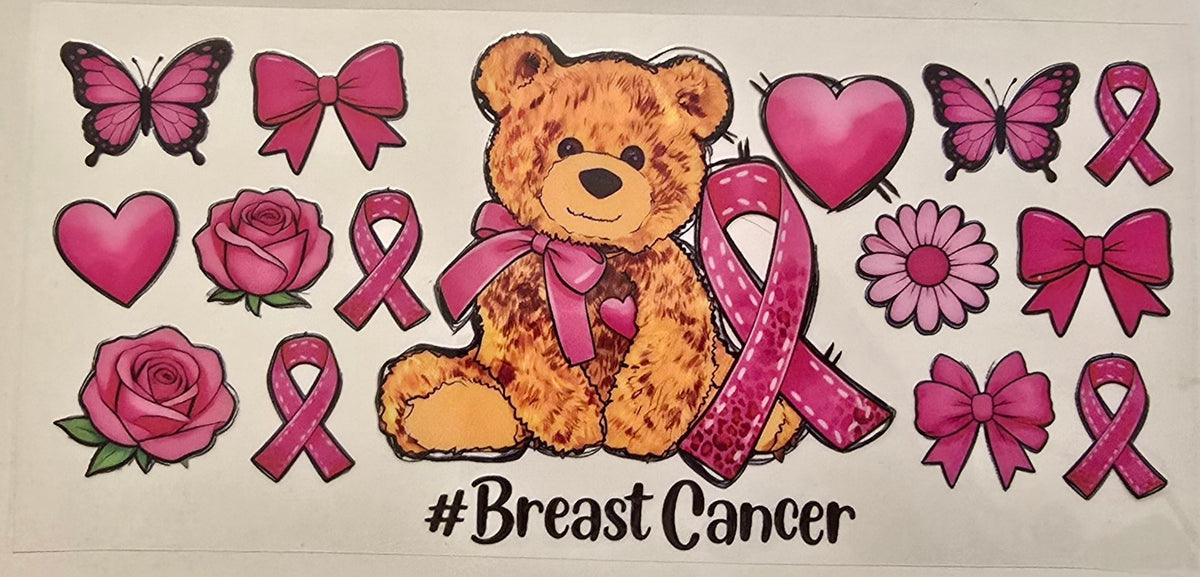 Breast Cancer teddy bear with pink ribbons, butterflies and hearts
