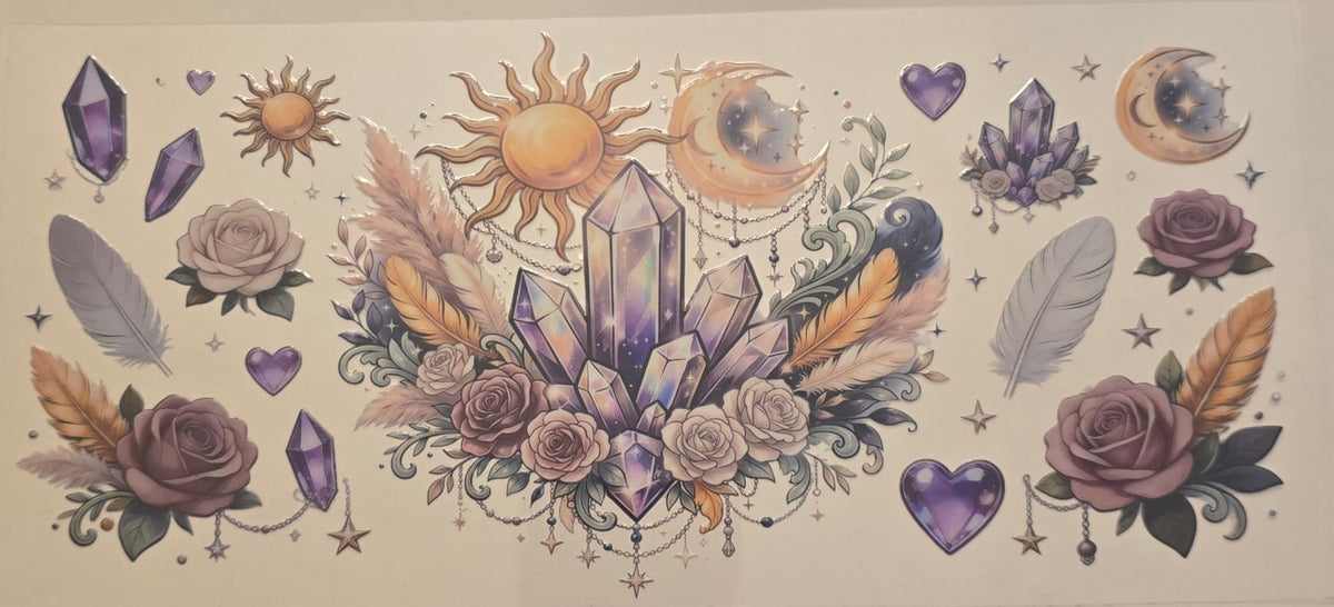 Purple crystals with sun, moons, roses and feathers