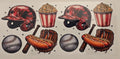 Baseball helmets popcorn hotdogs and baseballs