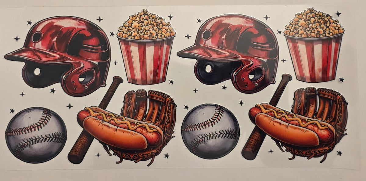 Baseball helmets popcorn hotdogs and baseballs
