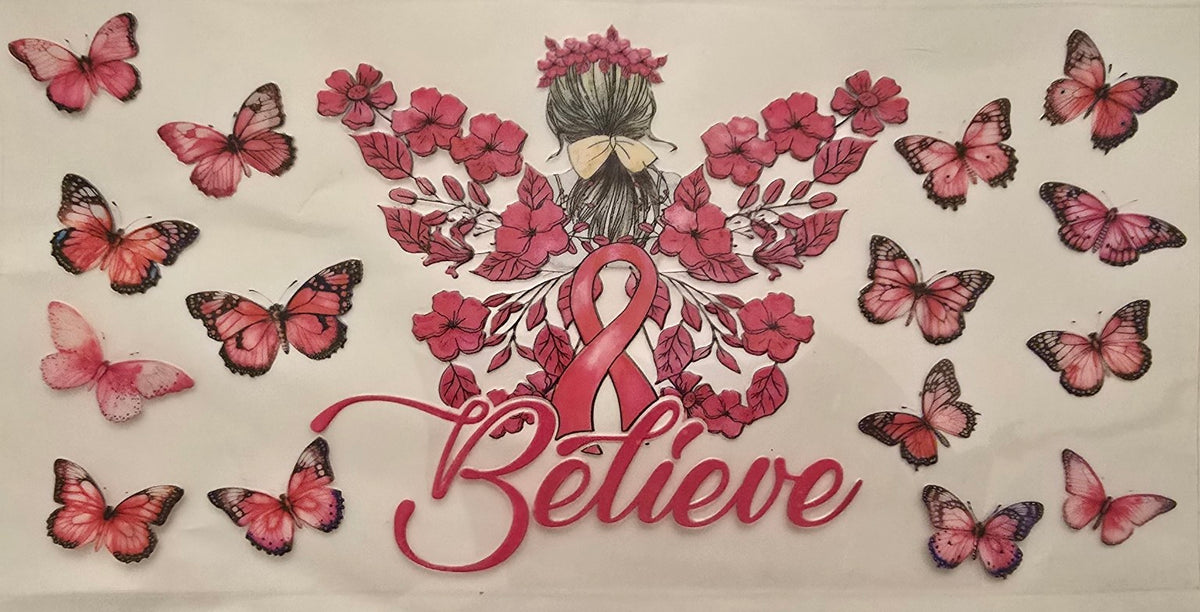 Breast cancer awareness wrap with Believe lettering, pink ribbon, flowers and butterflies