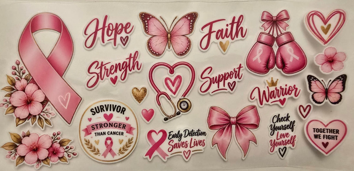 Breast cancer awareness wrap with pink ribbon, hope, faith, strength, support and survivor icons
