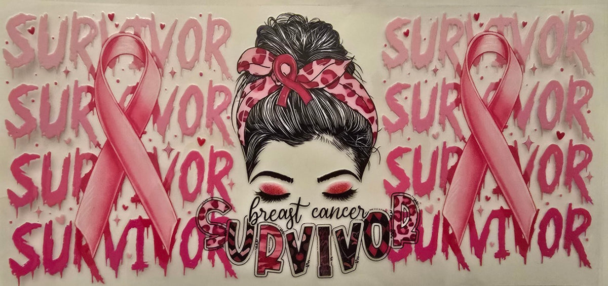 Breast cancer survivor wrap with pink ribbons and illustrated survivor woman