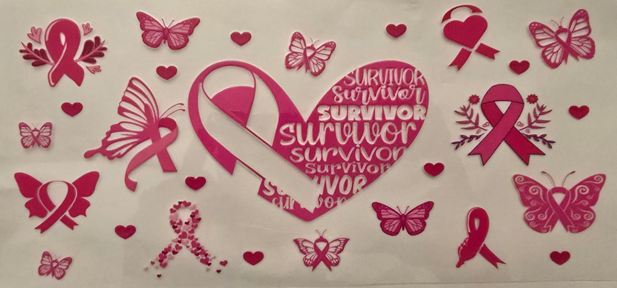 Breast cancer awareness wrap with survivor heart, pink ribbons and butterflies