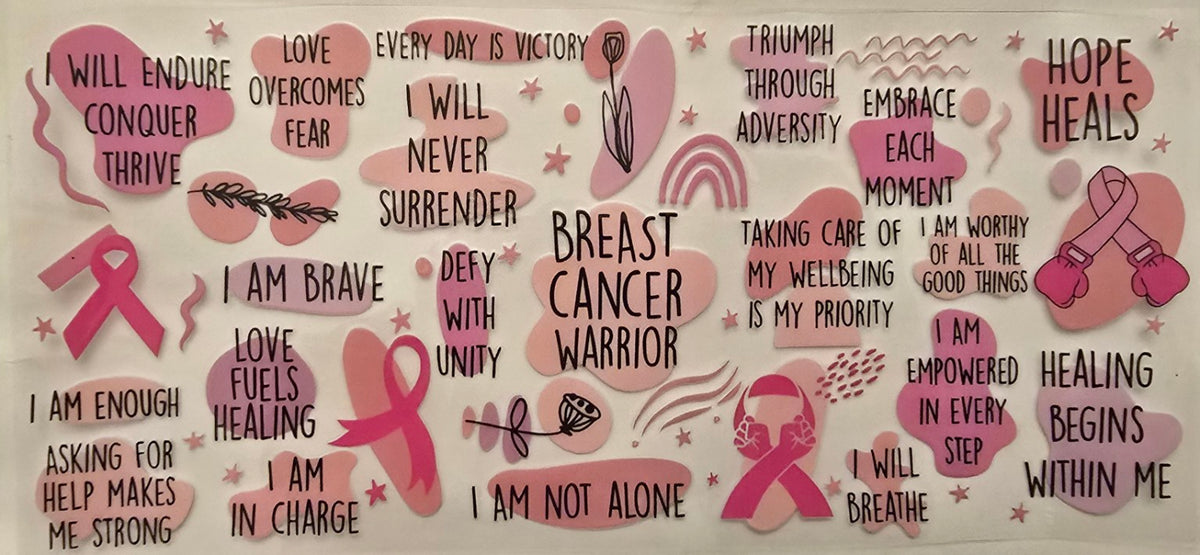 Breast cancer warrior affirmation wrap with pink ribbons and motivational phrases