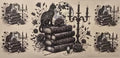 Gothic black cat, books, moon, roses, and candlesticks wrap design