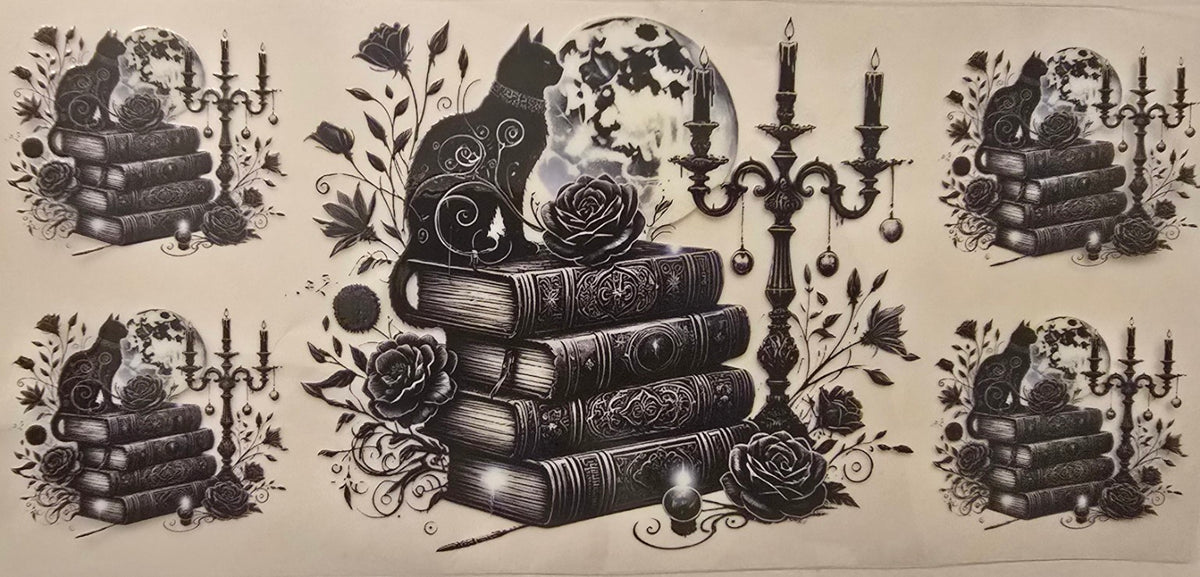 Gothic black cat, books, moon, roses, and candlesticks wrap design