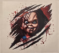 Chucky portrait with slash marks and blood splatter