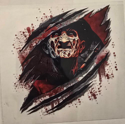 Freddy Krueger horror design with a slash background and blood splatter