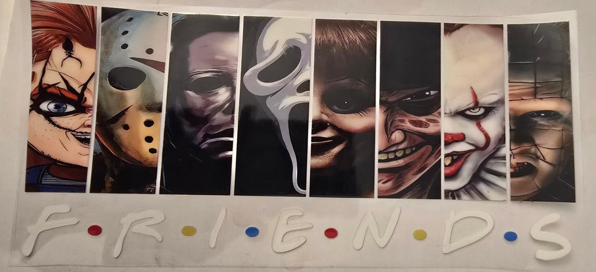 Friends-inspired collage of horror character portraits.
