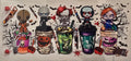Halloween drink cups decorated with horror movie characters.