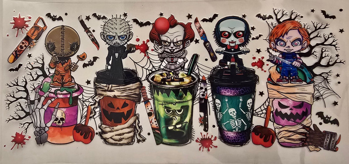 Halloween drink cups decorated with horror movie characters.