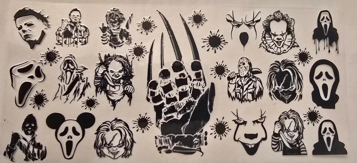 Black and white collage of classic horror movie characters.