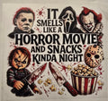 Horror movie night collage with classic horror characters and snacks.