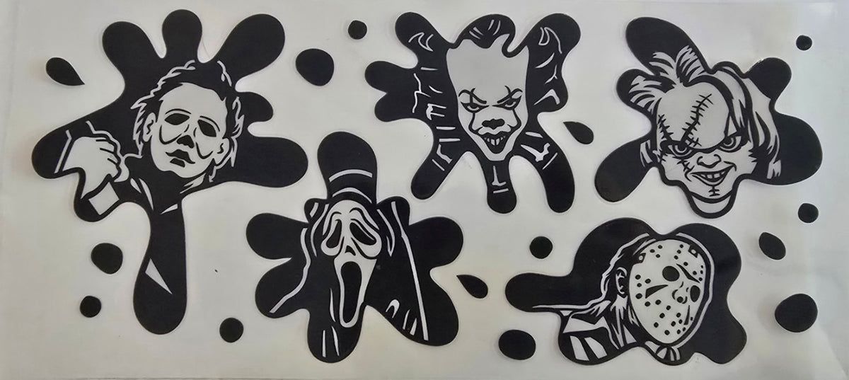 Black and white horror faces on splatter shapes.