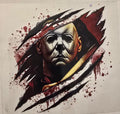Michael Myers mask framed by slash marks