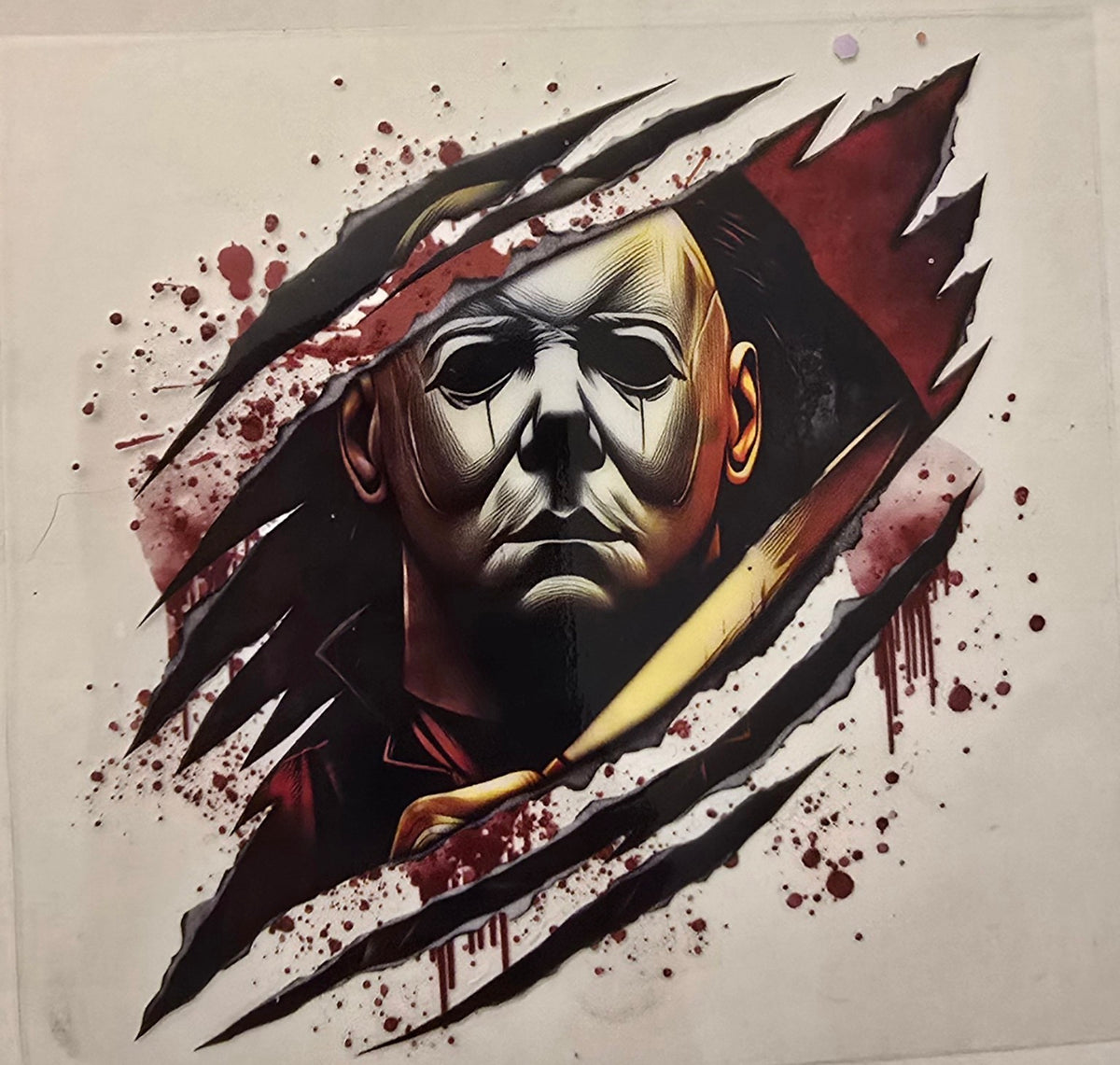 Michael Myers mask framed by slash marks