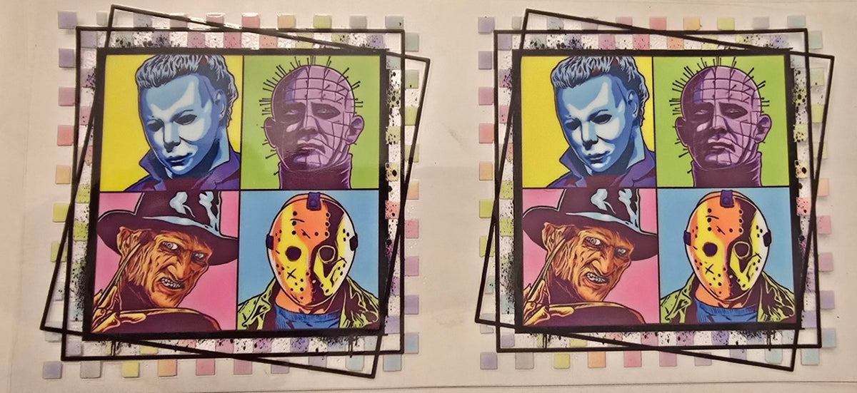 Colorful pop art collage of classic horror characters.
