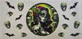 Halloween green sugar skull girl with roses and bats