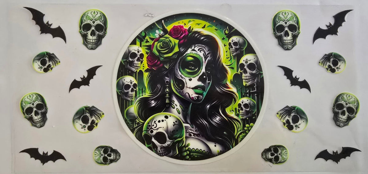 Halloween green sugar skull girl with roses and bats