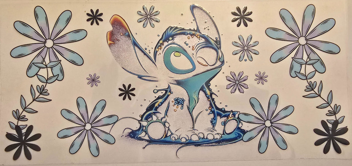 Blue cartoon character among flowers wrap design