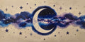 Crescent moon surrounded by deep blue and purple galaxies and stars wrap