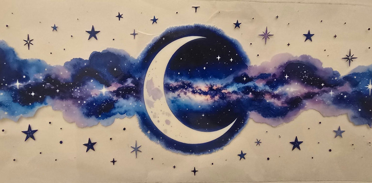 Crescent moon surrounded by deep blue and purple galaxies and stars wrap