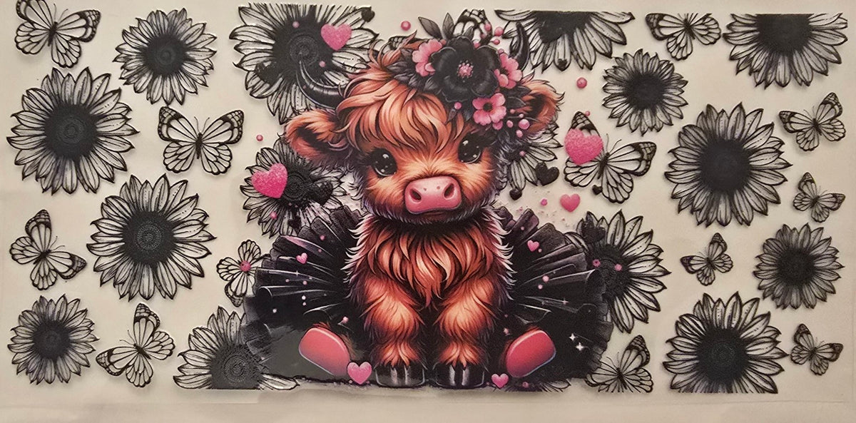 Pink and black floral Highland cow wrap design