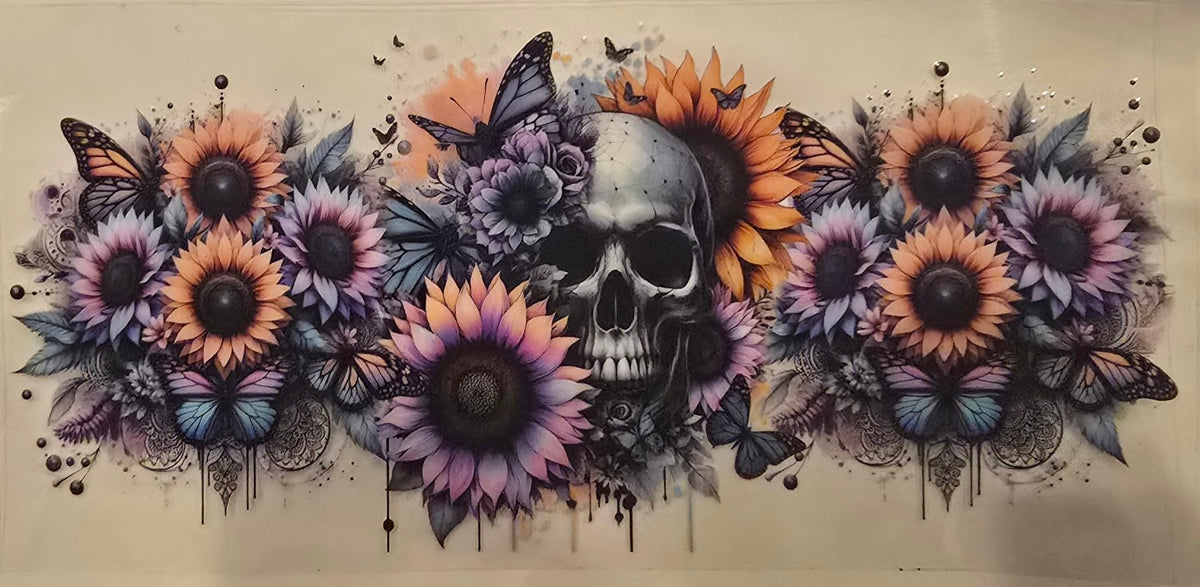 Skull with butterflies and sunflowers wrap design
