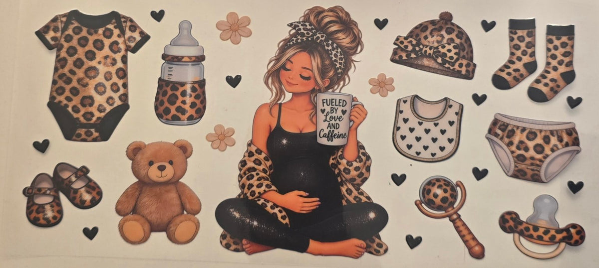 Expectant mother with leopard print baby accessories