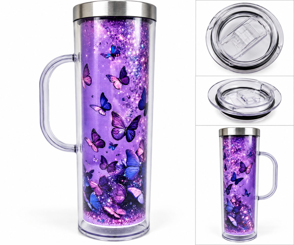 Sublimation Snowglobe 20oz Stainless Steel - Purple Butterfly with a Handle
